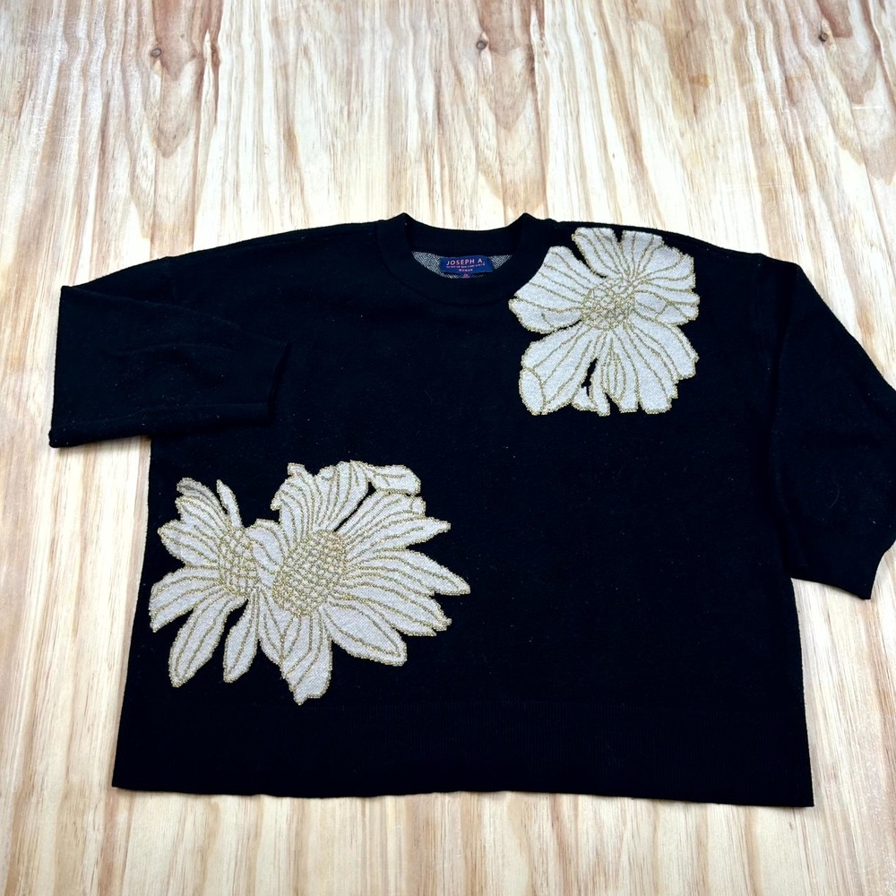 Joseph A Sweater Women's 2X Black Ivory Applique Floral Knit Pullover Outdoor